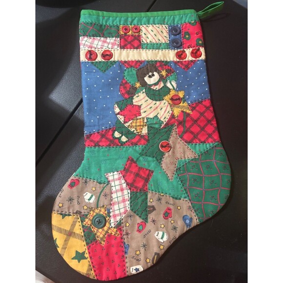 Handmade Christmas Stocking Patchwork Quilt Farmhouse Shabby 17" ANGEL BUTTONS - Picture 1 of 10